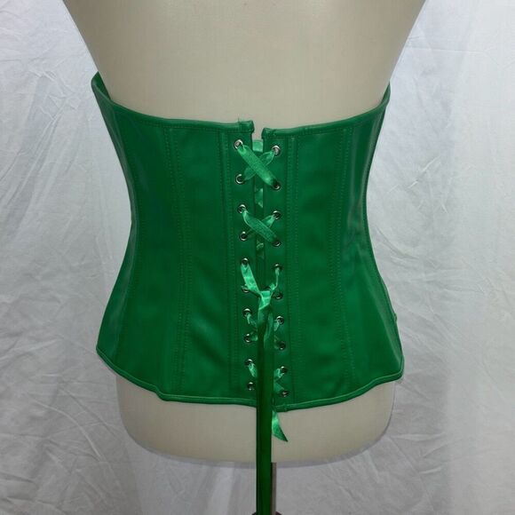 New green corset vegan leather front zip/back lace up Halloween XL - Picture 5 of 8